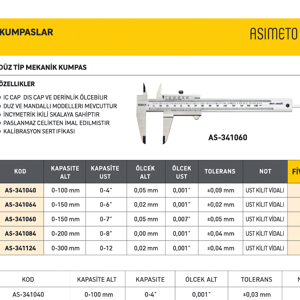 ASIMETO AS-341100 Düz Tip Mekanik Kumpas – 300 mm / 12” Ölçüm Kapasiteli, Üst Kilit Vidalı