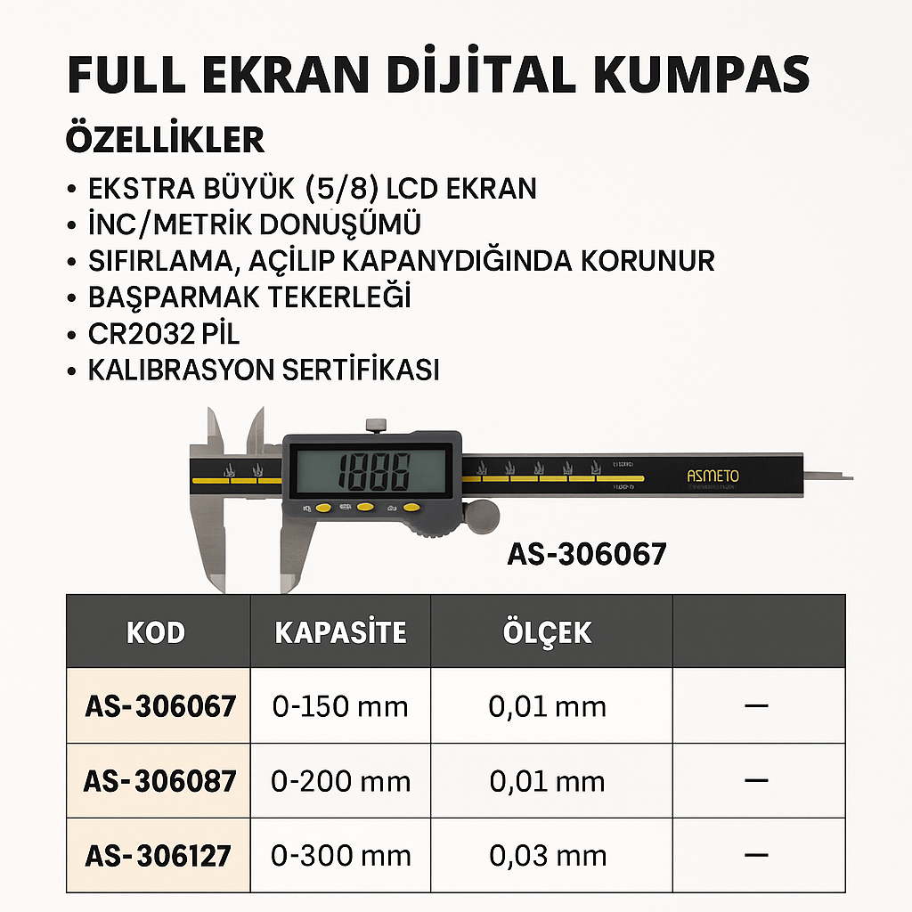 Asimeto Full Ekran Dijital Kumpas 0-300 mm (AS-306127)