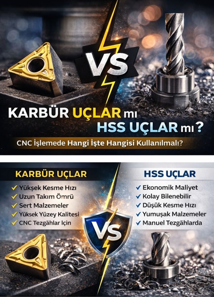 CNC işlemede karbür uçlar ve HSS uçların karşılaştırmasını gösteren görsel, karbür vs HSS kesici uç farkları ve kullanım alanları