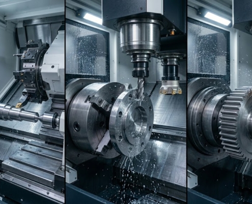 CNC tezgahında mil, flanş ve dişli işleme operasyonları.