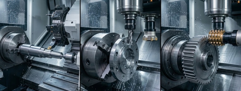 CNC tezgahında mil, flanş ve dişli işleme operasyonları.